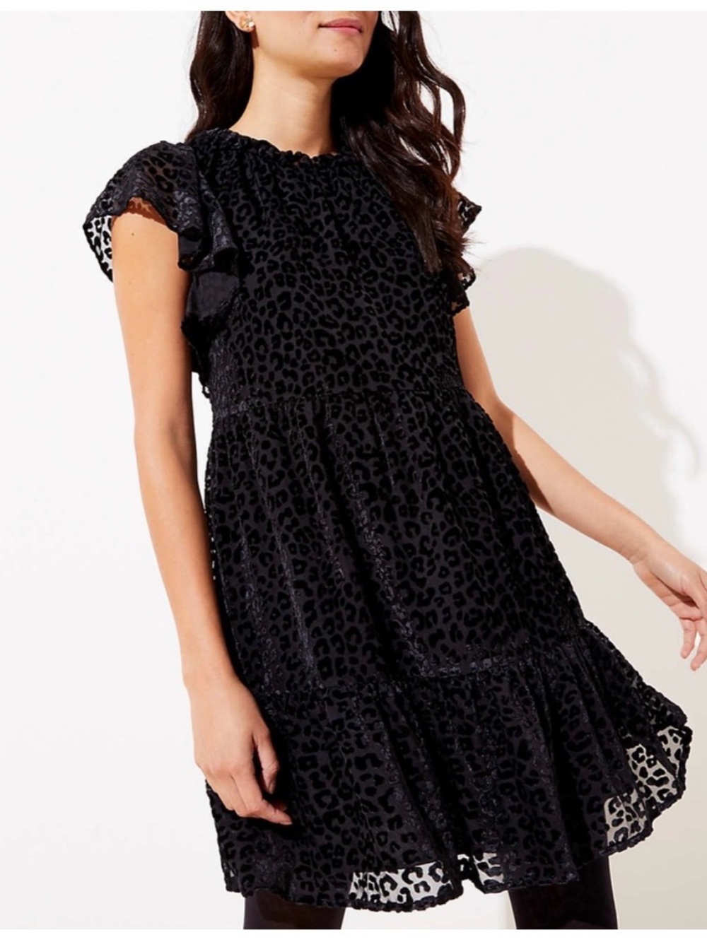 Loft Black Ruffled Leopard-Texture Mini Swing Dress